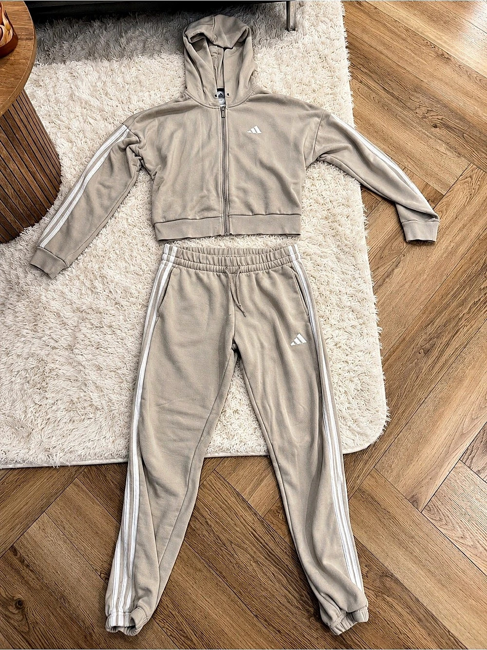 adidas Essentials 3-Stripes Full-Zip Hoodie and Jogger Tracksuit Set Beige